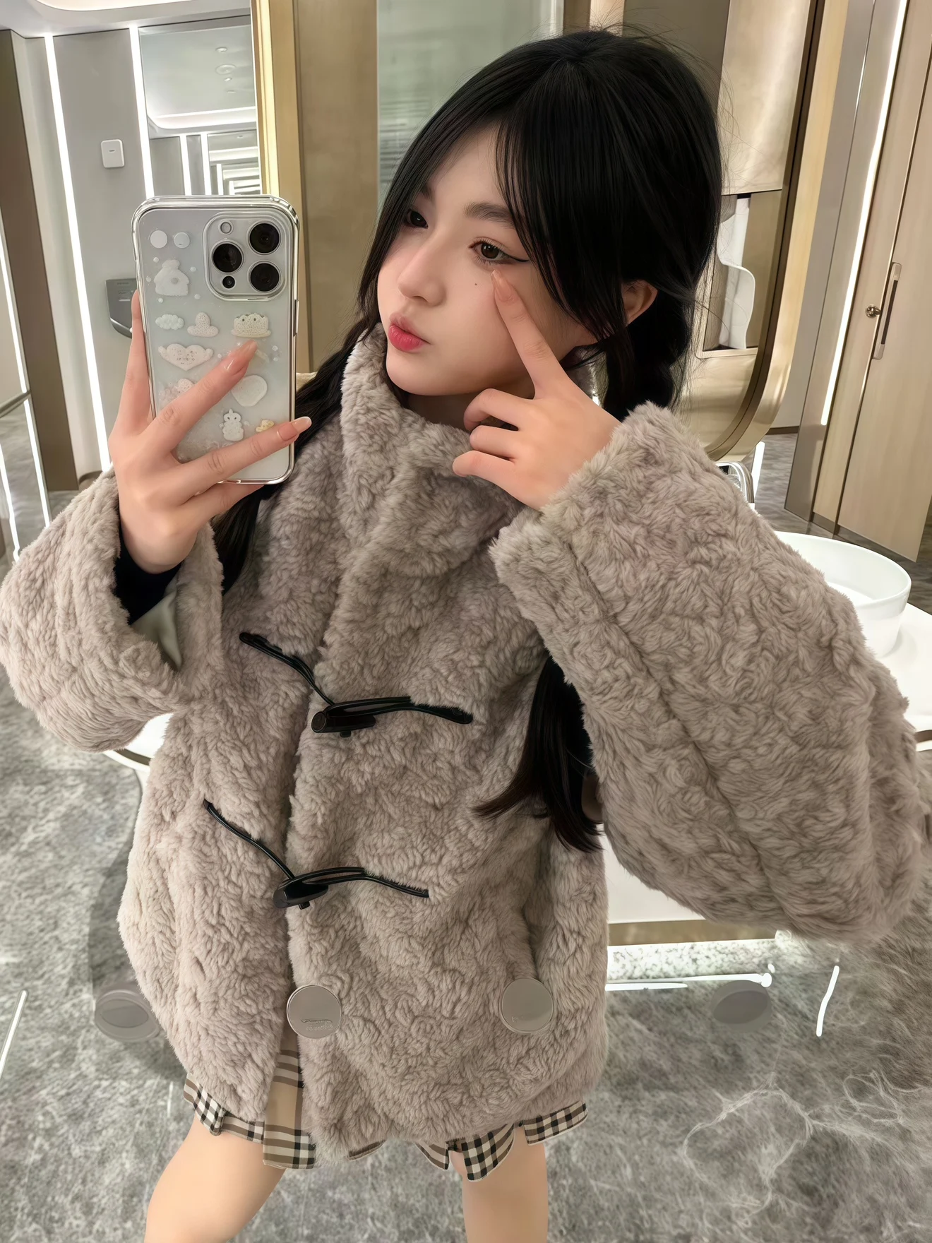 

ay Horn Button Stand Collar Fur Coat Women's Winter Inteated Leather Fur Medium Length Warm Top Eco Friendly Artificial Fur