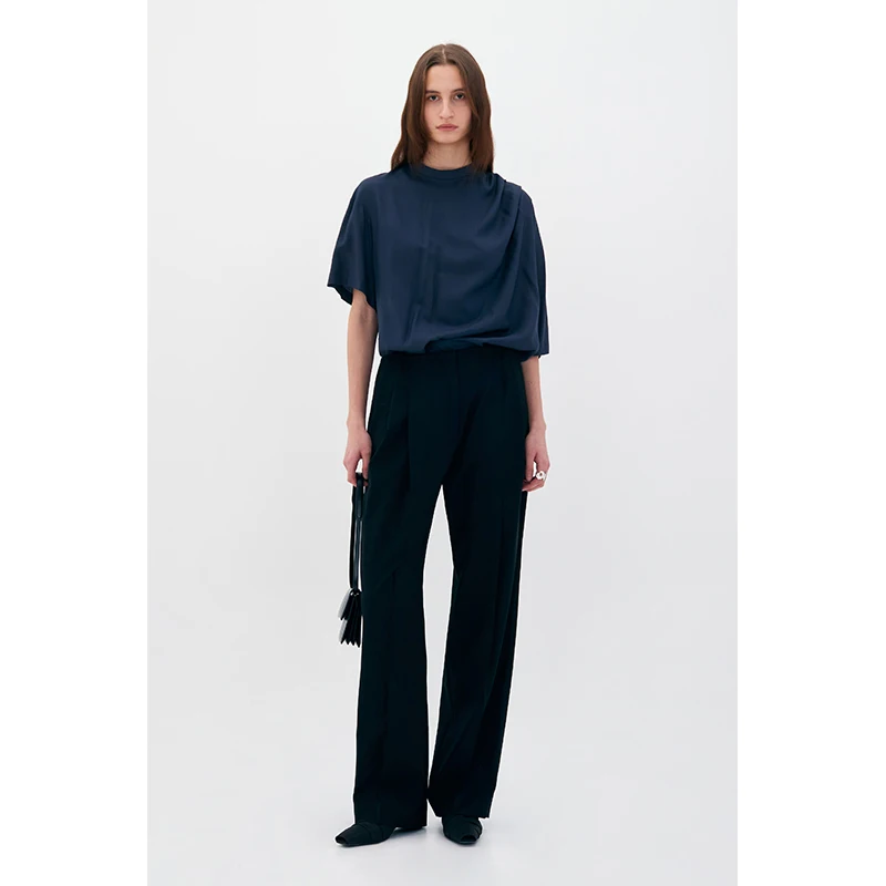 

Низкая классическая свободная футболка женская ort Sve Silk Dra Korean Sle Commute round Ne Long Sve Regular Fit