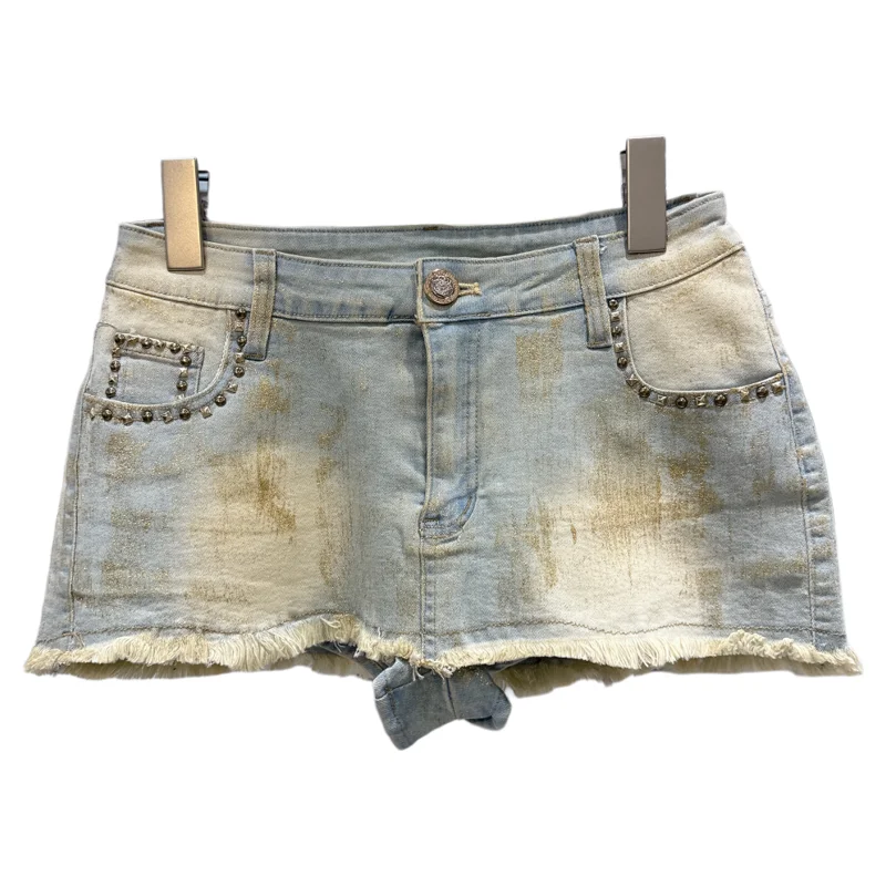 

Cool Spicy Rivet ket Gold Waed Frayed Hem Denim Skirt Women's High Waist Straight Cut Low Waist Sle Faion Trend