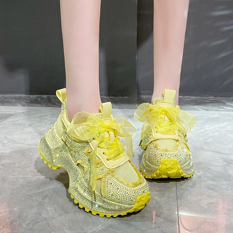 2026 New Luxury Rhinestone Design Platform Sneakers Spring and Autumn Women's Mesh Breathable Daddy Shoes Zapatillas Mujer