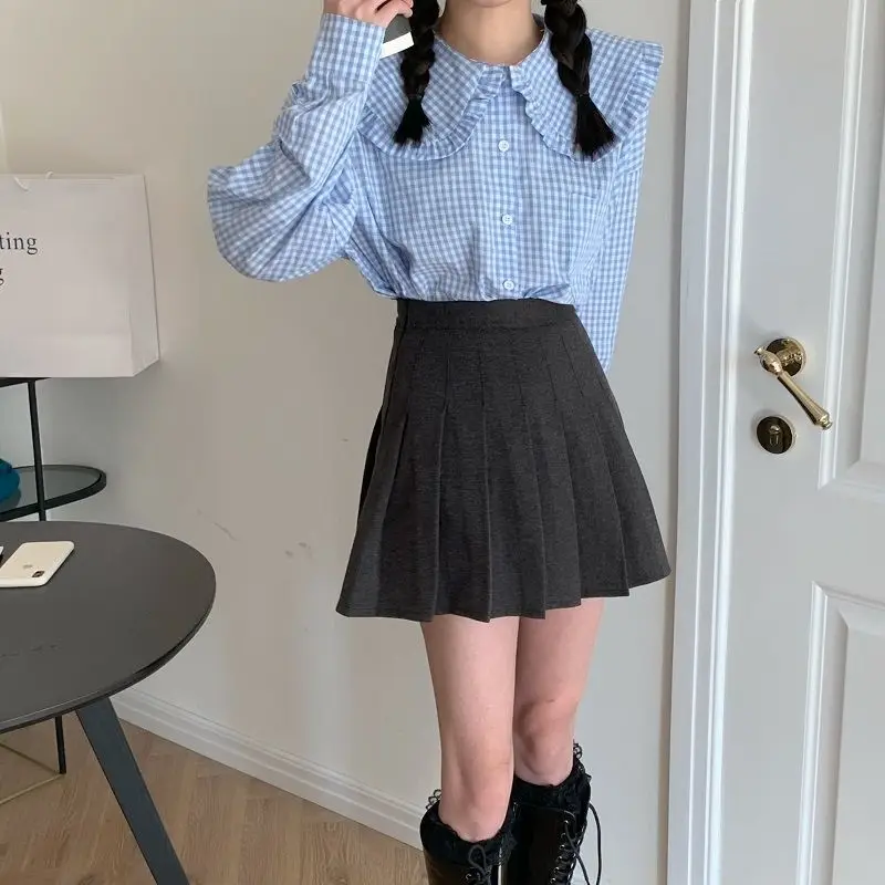 Long Sleeve Shirts Women Peter Pan Collar Edible Tree Fungus Plaid Preppy Sweet All-match Stylish Korean Style Trendy Harajuku