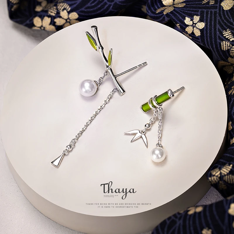 Thaya Trendy Enamel Women Earring Green Bamboo Earring Dangle With Pearl Earring For Women Silver Needle Earring Fashion Jewelry