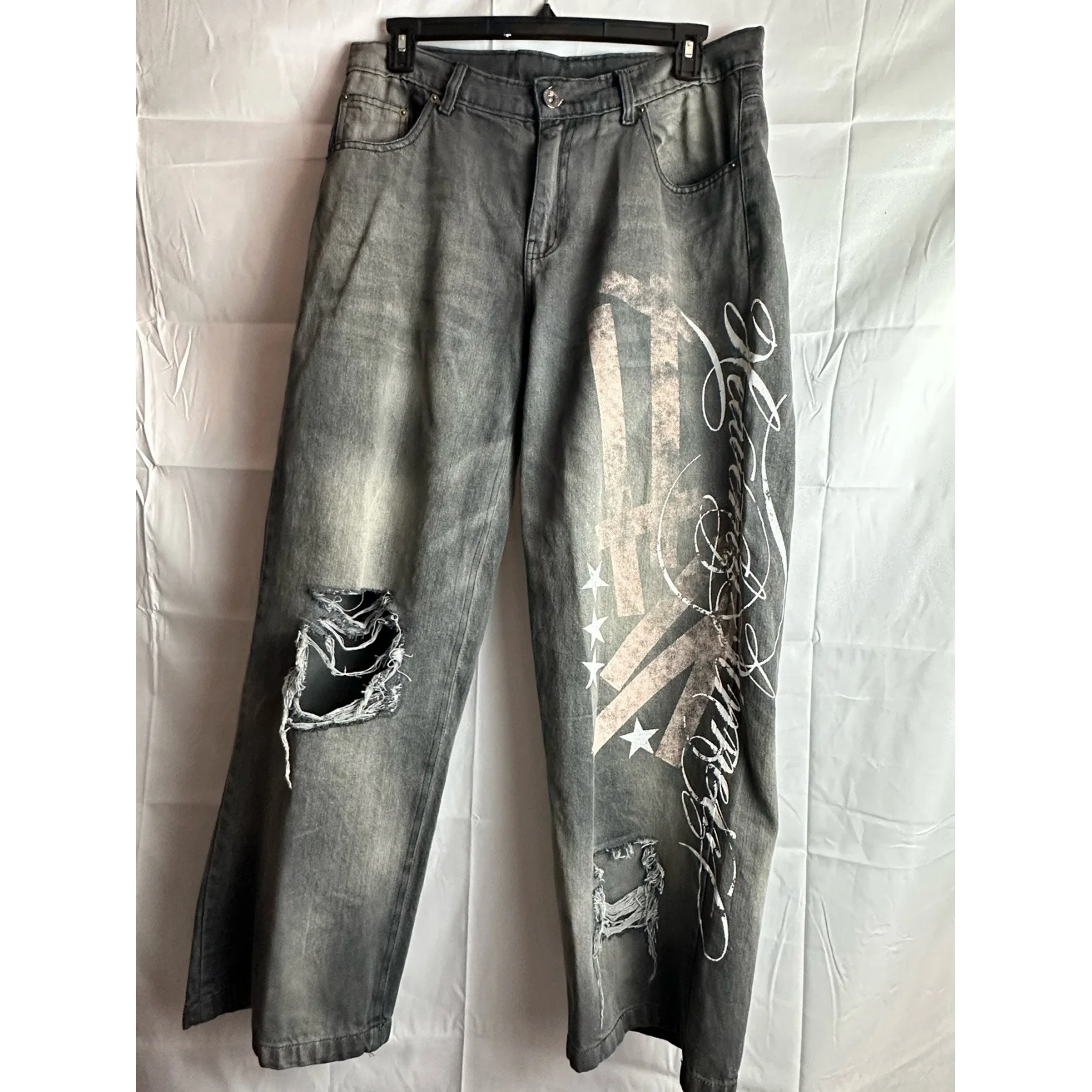 

European and American Instagram trend straight leg loose jeans, distressed printed casual pants, long pants, cropped pants