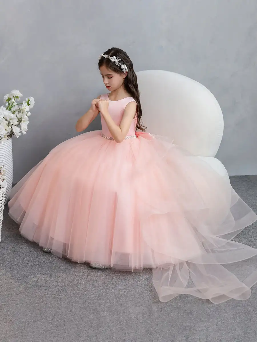 

Custom White Flower Girl Dress Made with Tulle and Floor-length, Elegant Princess Wedding and Birthday Party Evening Dress
