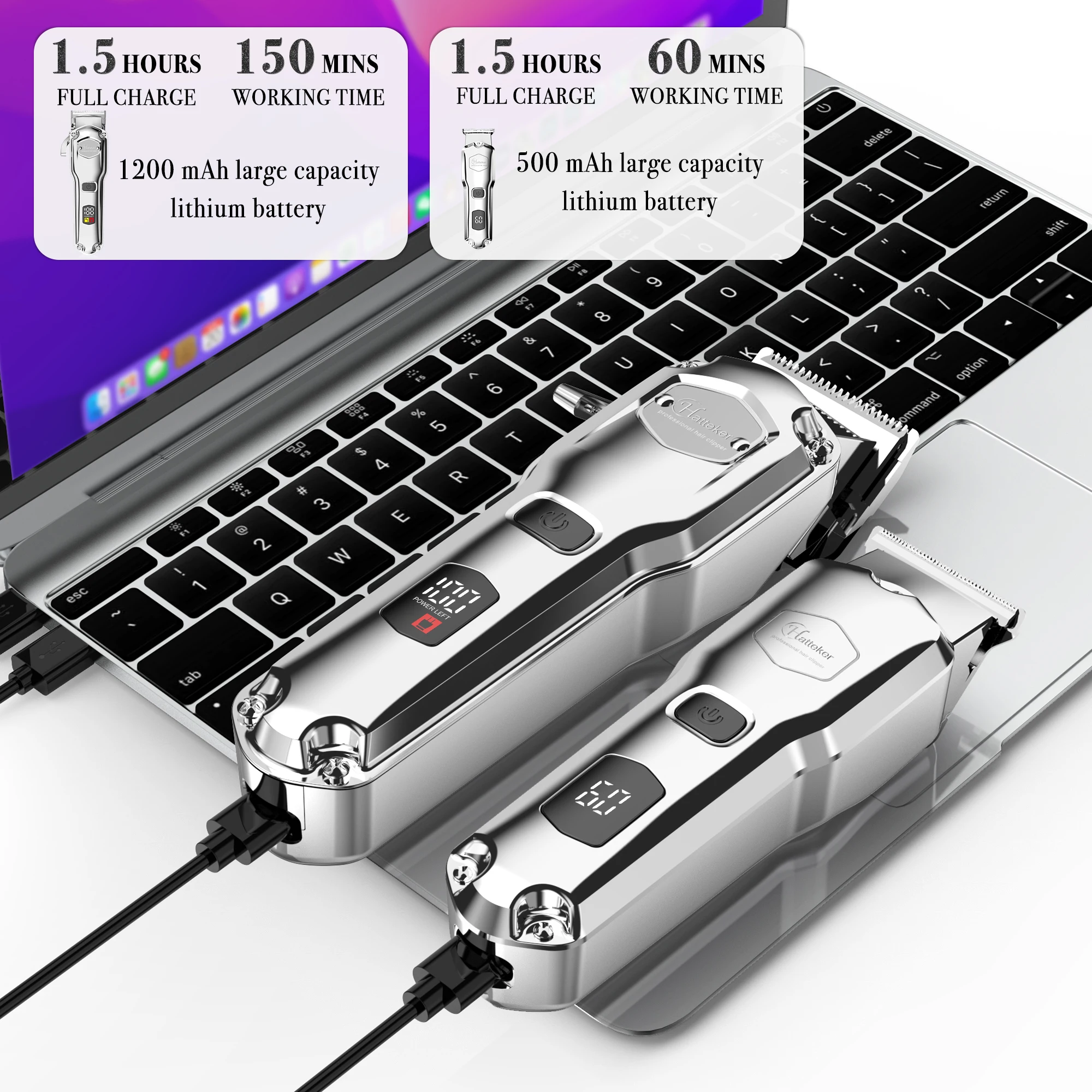 Hatteker Pro Cordless Hair Clippers 18-Piece Barber Kit Metal Electric Trimmer Men's Hair Cutting Machine