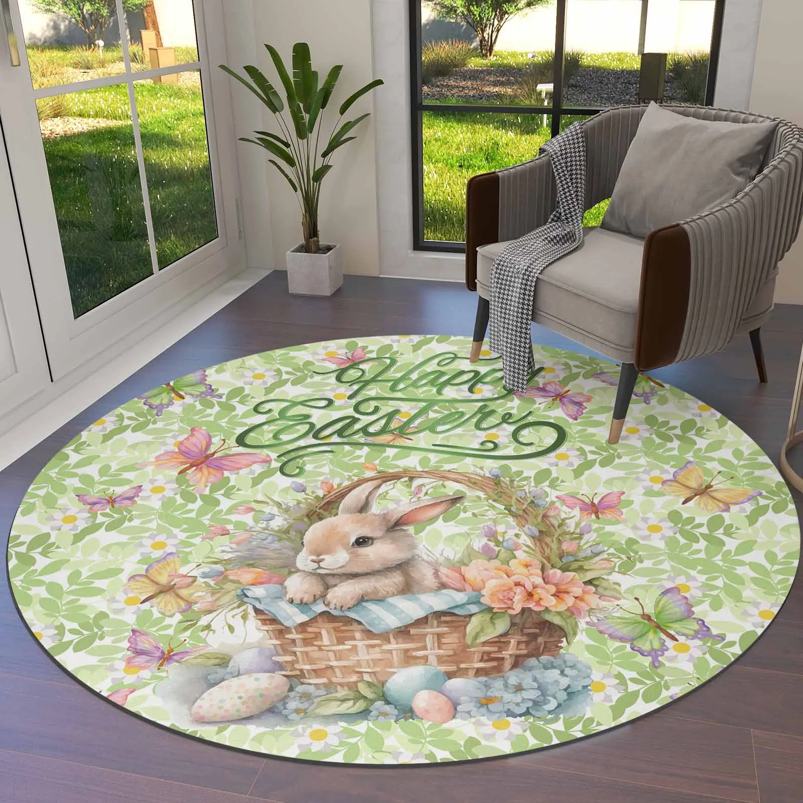 Flower Rabbit Butterfly Watercolor Easter Round Area Rug Carpets For Living Room Large Mat Home Bedroom Kid Room Decoration