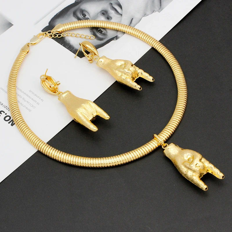 Gold Color Necklace Sets For Women Hip Hop Rock Hand Pendant Earrings For Rapper Nightclub Party Fashion Jewelry Set Gifts image 6