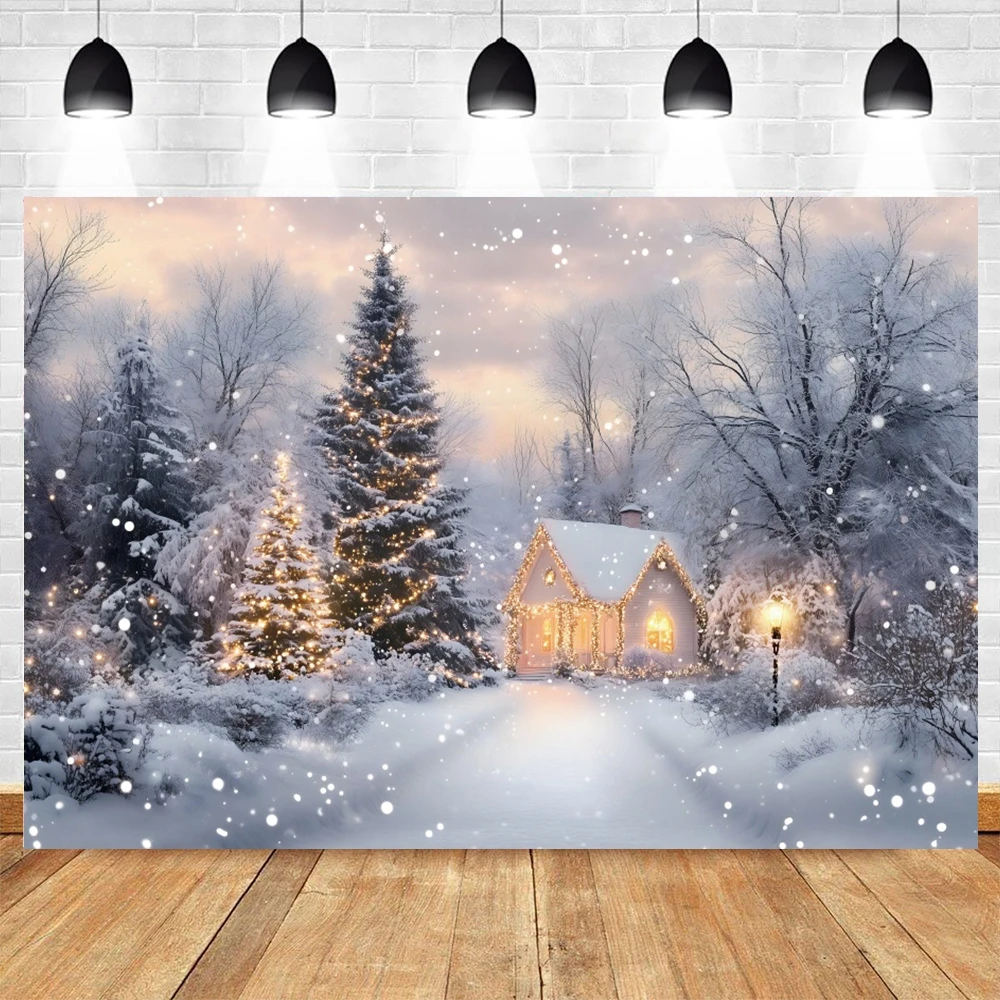 Winter Backdrop Outdoor Scenery Snowfield Snowy Pine Forest Little House Art Portrait Photography Background Decor Photostudio