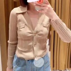 Women Knitted Cardigan Hollow Out Single Breasted V-Neck Long Sleeve Simple Spring 2024 Sweater