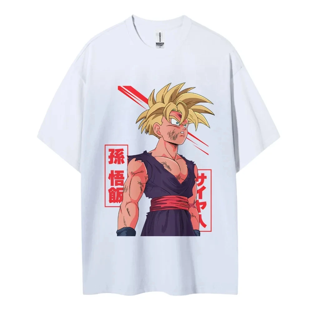 Dragon Ball Gohan Anime impreso hombres y mujeres 2026 algodón puro nuevo verano americano Casual padre niño Top de manga corta