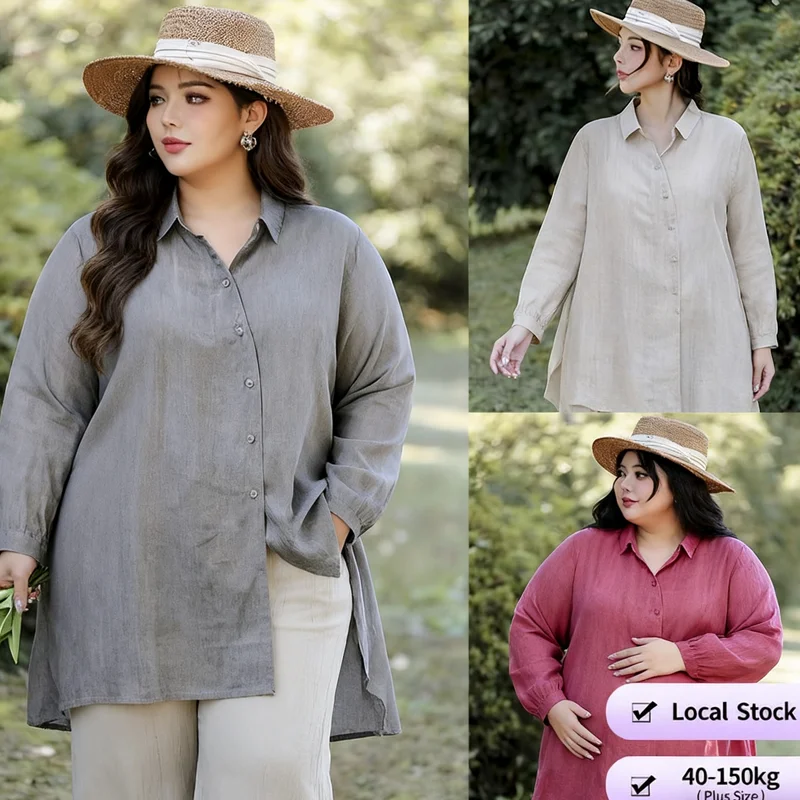【เสื้อโอเวอร์ไซส์】(40-150 กก.) เสื้อผู้หญิงฤดูร้อน ผ้าฝ้ายลินิน ไซส์ใหญ่ แขนยาว คอปกเรียบ เสื้อแฟชั่นสไตล์พื้นฐาน