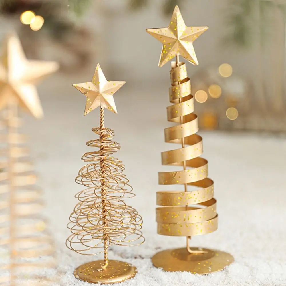 Gold Mini Christmas Tree Xmas Ornaments Cute Iron Christmas Tree Five-pointed Star Creative Desktop Decoration Home Decoration