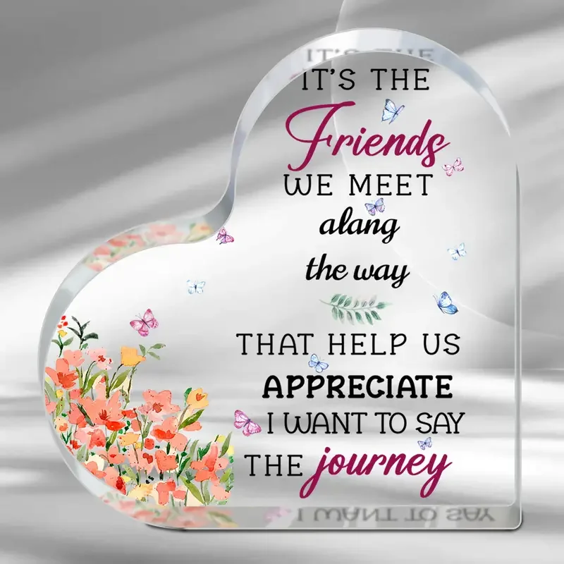 Girl Flower Art Printed Acrylic Transparent Heart Plaque Birthday Thanksgiving Gift for Teacher Colleagues Keepsake Desk Decor