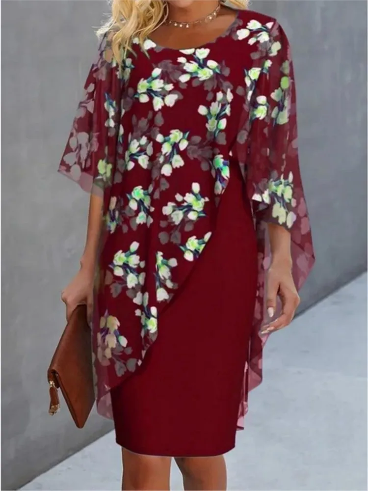 Elegant O-neck Half-sleeved 2-piece Dress For Women Autumn Fashion Irregular Suit Flower Printing Loose Dresses Female