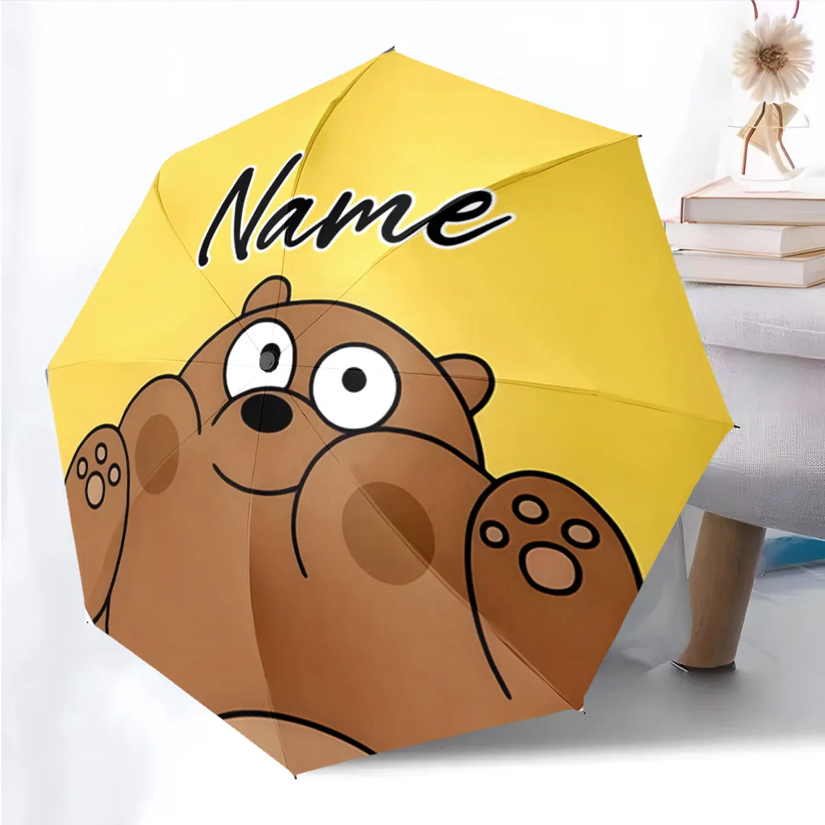 Custom Name Cute Yellow Bear Umbrella with Personalized Design Print 8 Iron Ribs Folding Umbrella Auto-Open Fashion Sunshade
