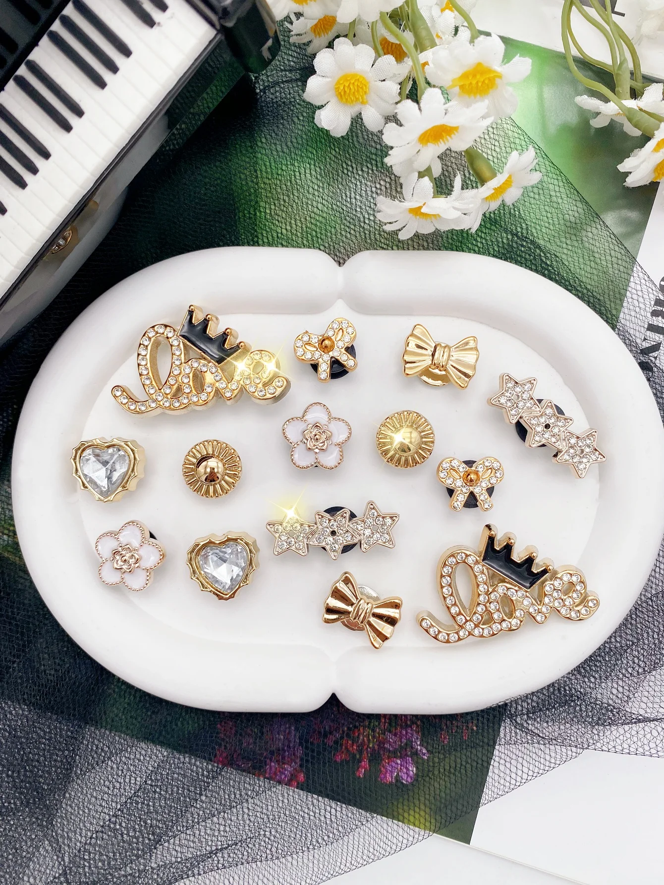 14pcs Fashion ABS Shoe Charms – Sparkling Rhinestone Letters