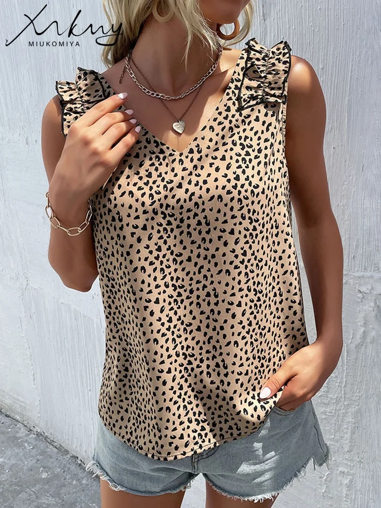 MiuKoMiYa Summer Leopard Chiffon Blouse Women Tops Sleeveless V Neck Office Tank Blouses Ladies 2023 Khaki Leopard Blouse Woman