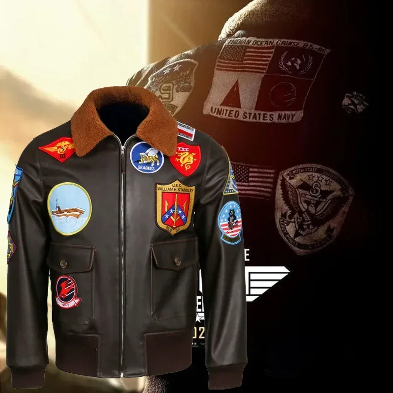 Top Gun: Maverick Aviator Pilot Leather Jacket Men's Brown Winter Jacket Air Force Collar Coat Halloween Cosplay Outfits