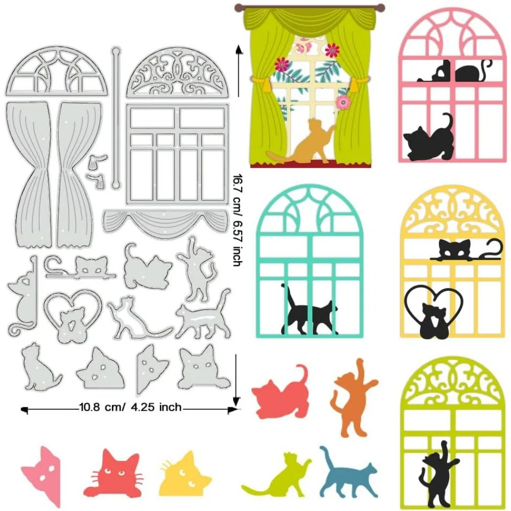 Silhouette Cat Cutting Dies Stencil 4.2x6.5inch Window Curtain Carbon Steel Embossing Template for Card Making DIY Scrapbooking