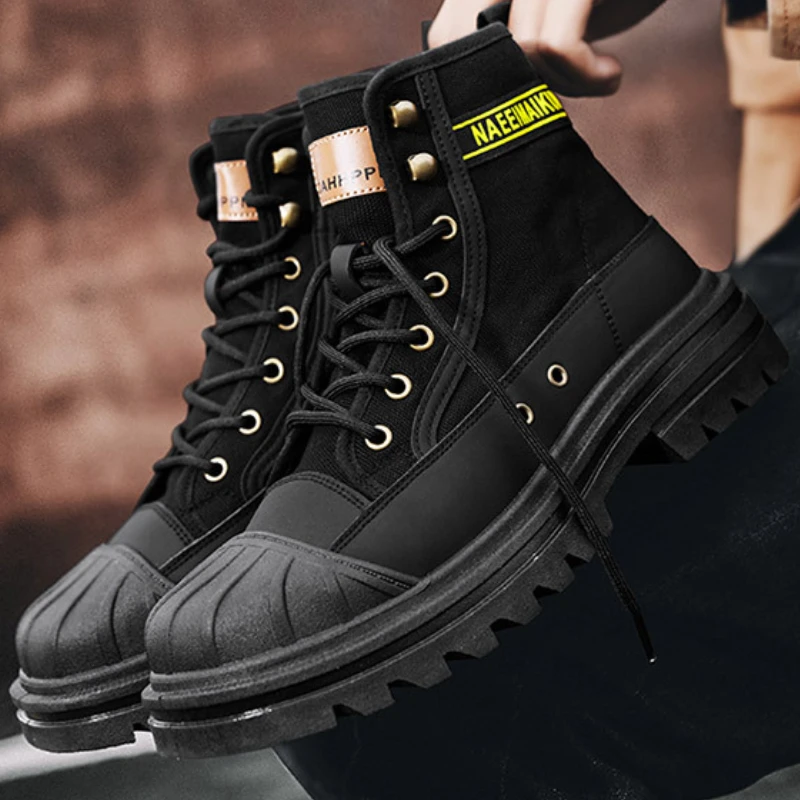 Bota de lona com cordões masculina, alta qualidade, botas de trabalho ao ar livre, botas de motocicleta plataforma moda, novo