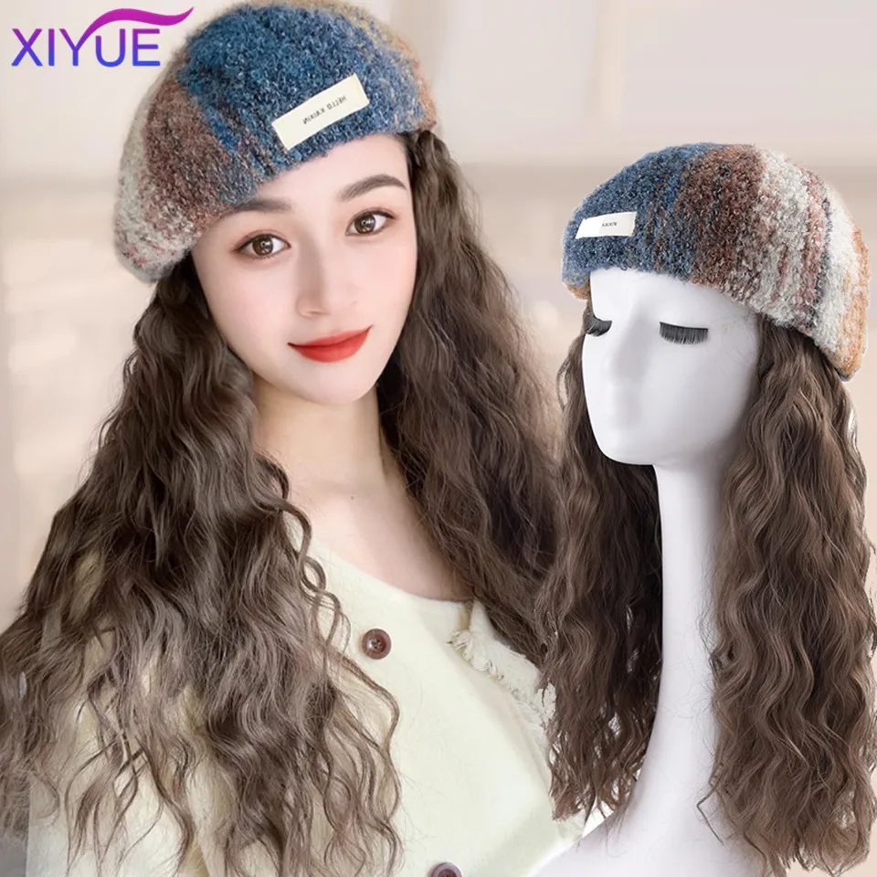 

XIYUE Hat Wig Women's Autumn/Winter Wig Hat Beret Water Ripple Korean Version Corn Bead Full Hat Synthetic Wig