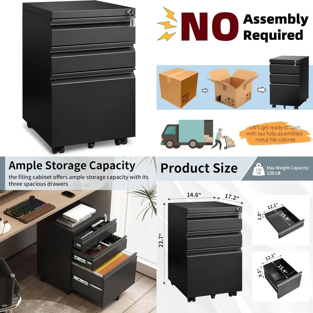 

secure mobile 3-drawer file cabinet for home office - black, fits a4/letter/legal