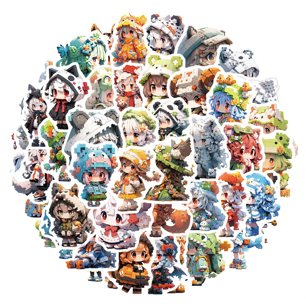 

10/30/50pcs Pixel Style Animal Girls Cartoon Stickers Cute Decorative Decal Diary Scrapbooking Car Game Characters Toys Stickers