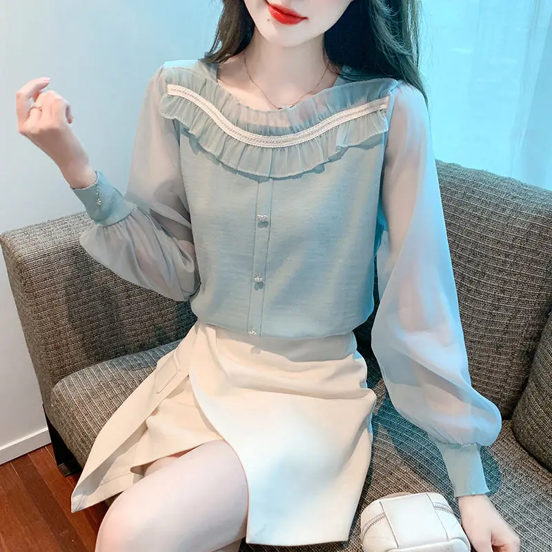 Sweet Fashion Spring Autumn New Women\'s Solid Square Collar Lace Patchwork Button France Chic Long Sleeve Chiffon Shirt Tops