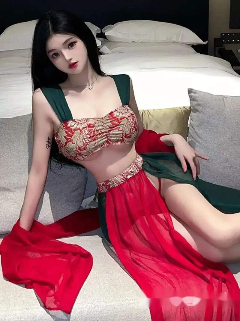 สไตล์จีนชุดยาวสีแดงแฟชั่นตาข่าย Sheer โปร่งใสเซ็กซี่ Hanfu Uniform Temptation โบราณสไตล์ผู้หญิงชุด 6GMW