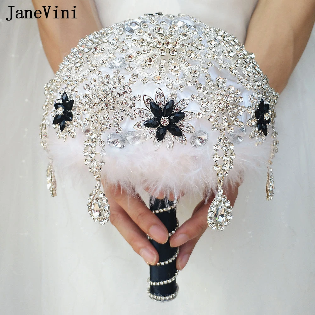 JaneVini Luxurious Feathers Wedding Flowers Bridal Bouquets for Hand Bling Silver Jewelry Rhinestone Crystal Bride Flower Arabic