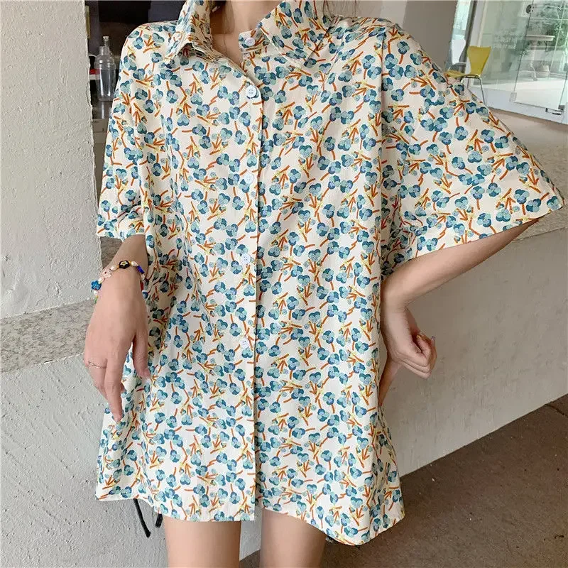 Summer Minimalist Casual Loose Streetwear Strap Short Pants Polo-Neck Short Sleeve Floral Shirt Stylish Women's Clothing Suit