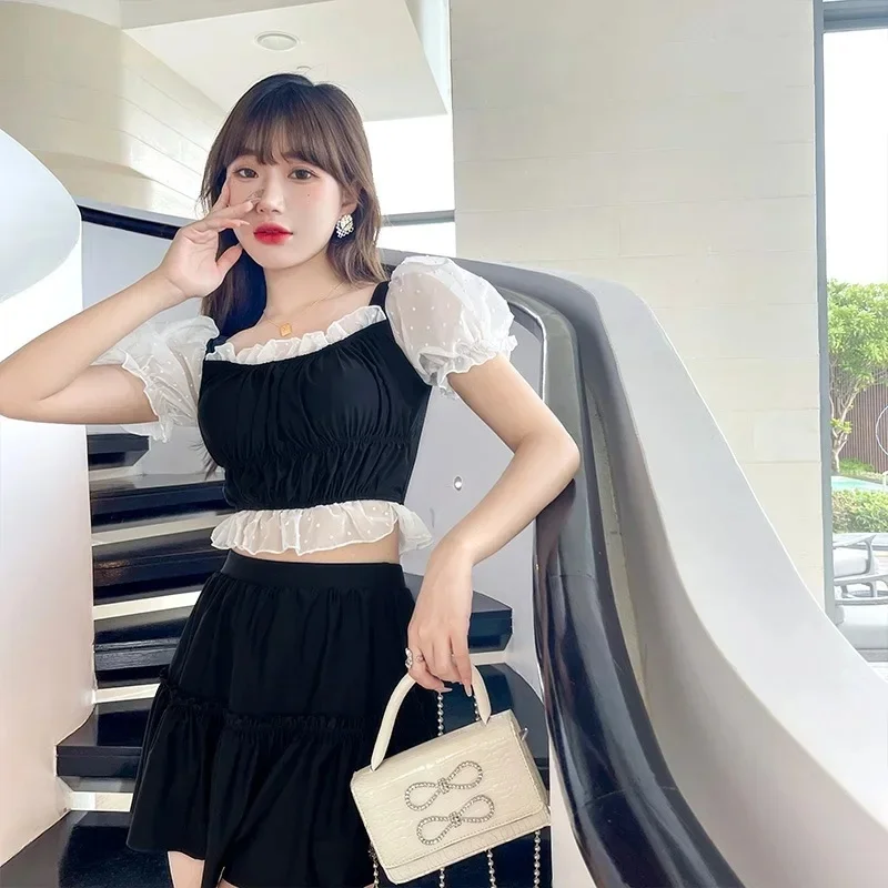 Hot Spring Suit Split Swimsuit High-quality Pure Want To Bubble Woman 2024New Small Breast Conservative Meat Black Short-sleeved