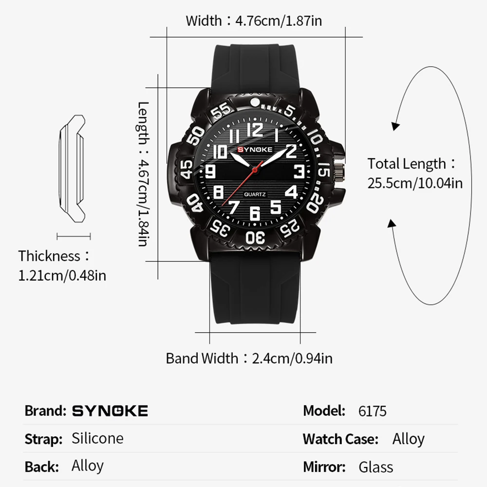 남성용 스포츠 방수 손목시계,SYNOKE 6175
