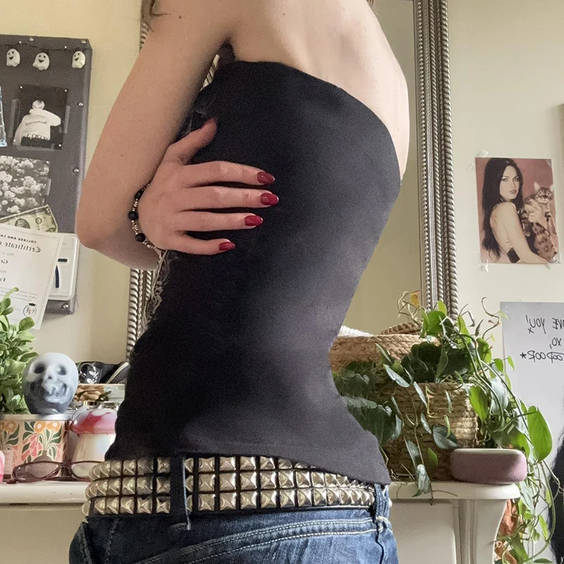 CIBBAR Gothic Print Black Tube Top Women Strapless Skinny Cropped Tops Summer Casual Chic Graphic Tees y2k Streetwear Vest Basic image 4
