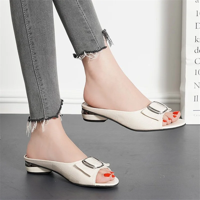 Summer Women Shoes Solid Color Casual Slippers Woman Fashion Chunky Heel Shallow High Heels Outside Open Toe Modern Ladies Shoes