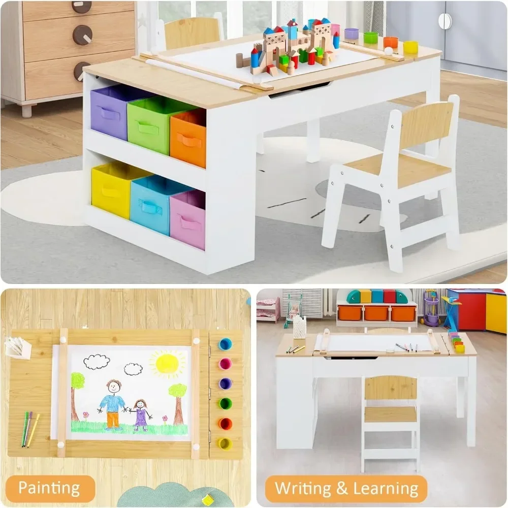 3 in 1 Kids Art Table and Chair Set, Toddler Craft Play Wood Activity Desk with 2 Chairs Storage Canvas Bins Paper Roll