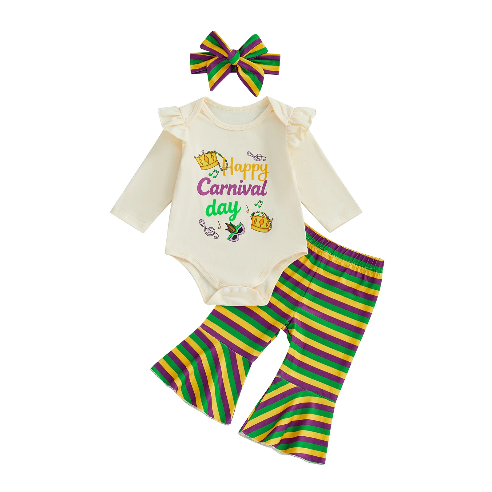 طقم زي الأميرة الهالوين للأطفال الصغار بأكمام طويلة وسروال مخطط واسع وعصابة رأس مكون من 3 قطع للفتيات