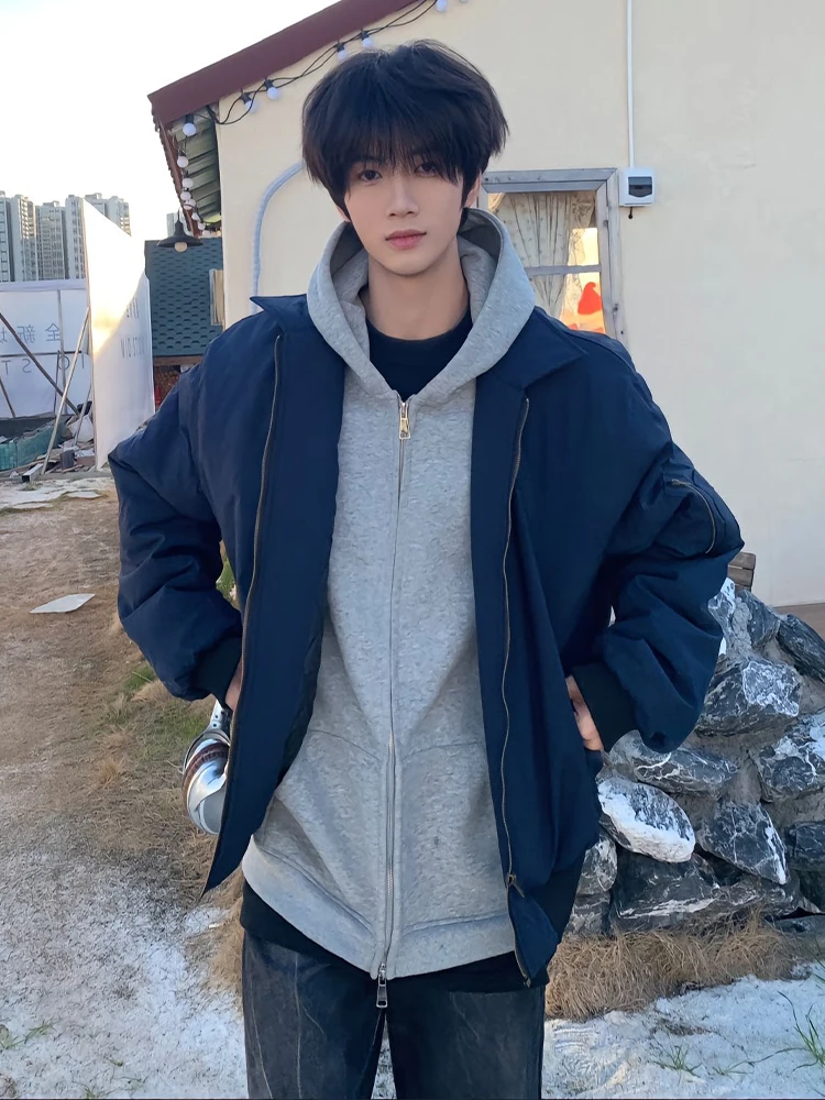 

American Sle Pilot Jaet k Blue Cotton Baseball Coat Men's Faion Autumn Winter Cleanfit Streetwear Outerwear