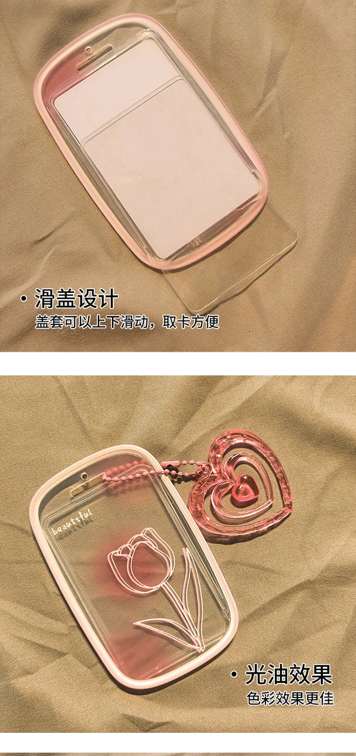 1PC Women Girl Cute Pink Rose Work ID Card Holder Wrist Rope Campus Bus Cards Case Student Id Card Holder Photo Protector Case
