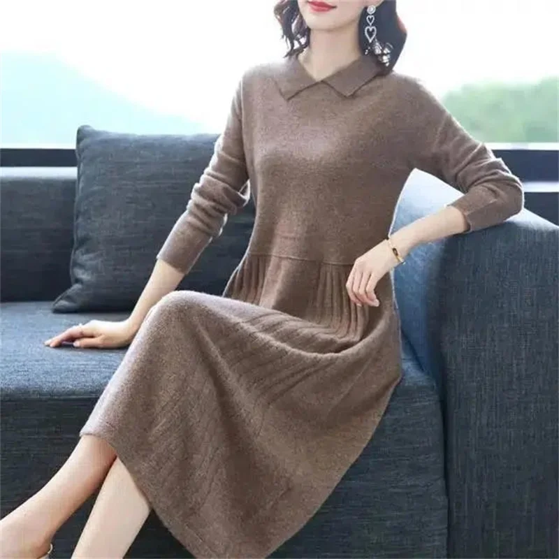 Moda versátil camisola vestido feminino meados de longo camisola de malha outono inverno novo pulôver de manga comprida vestidos de malha inferior femme