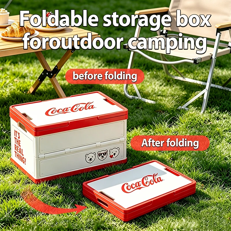 Coca Cola Foldable Storage Box Large Capacity Camping Storage Box with Wooden Lid Multifunctional for Car Trunk Ideal for Outdoo