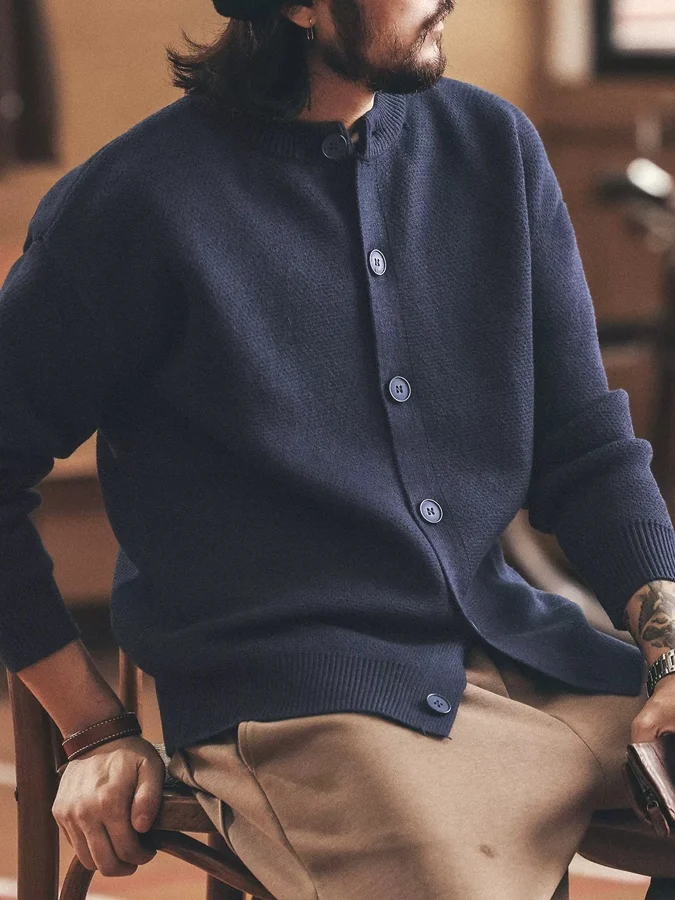 American Style Knitted Cardigan Men's Long Sleeve Sweater Thin Woolen Jacket Retro round Neck Button up Casual Breathable