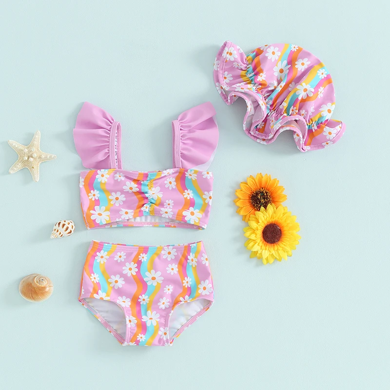 0-3T Peuter Badpak 3-delige Set Regenboog Bedrukt Geplooid Klein Gebloemd Badpak Bikini Set Met Capuchon Zomer Nieuw Split Badpak