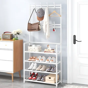 Shoe Rack Coat Rack Strand Simple Metal Storage Rack with Hooks Multipurpose Coat Hanger and Shoe Shelf  for Entryway Home 2