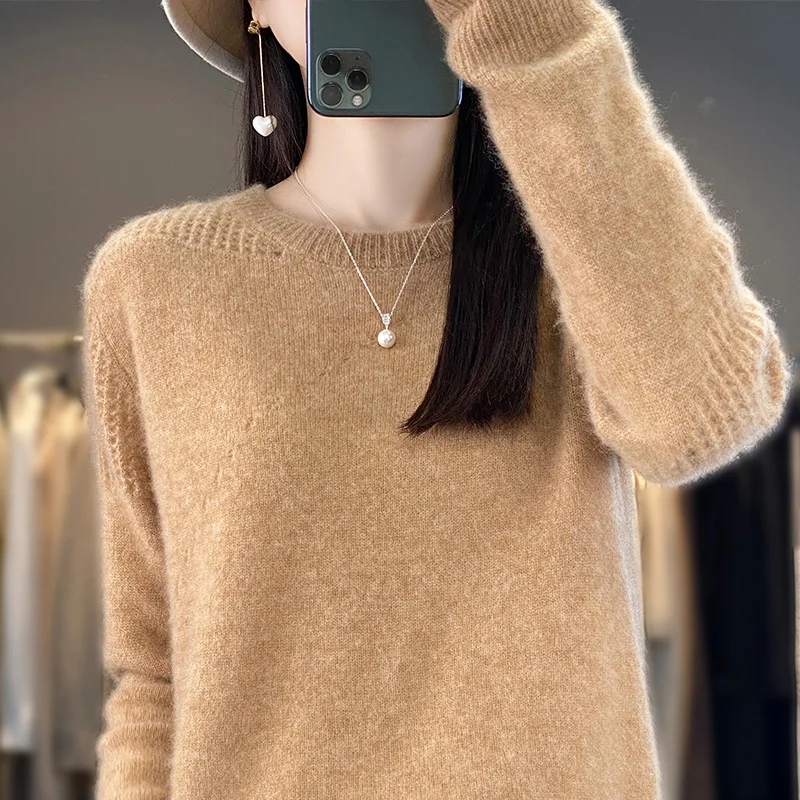 MOONYUEFA-Pure Wool Sweater for Women, O-Neck Pullover, Long Sleeve, Hollow Cashmere, Solid Color Bottoming Shirt, Top, New,100%