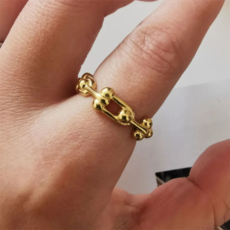 2026 316L TItanium Steel Fashion Stitching U-shape Stitching Thick Chain Ring 18K Gold Color Hiphop/Rock Rings Jewelry