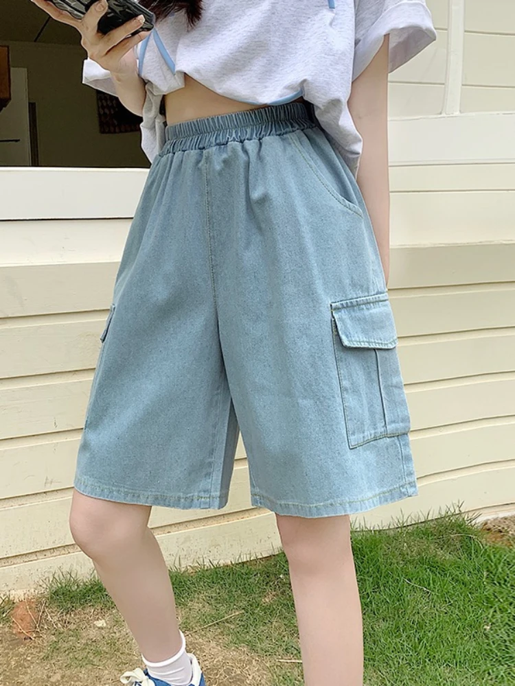 Zjaiss 2026 Summer New Women's Denim Shorts Straight Trendy Loose Versatile Dad Shorts Thin Japanese Style Knee-length Pants
