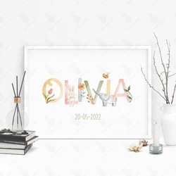 Personalized Baby's Name Posters and Prints Customized Animal Birthday Nursery Wall Art Canvas Painting for Kids Bedroom Decor