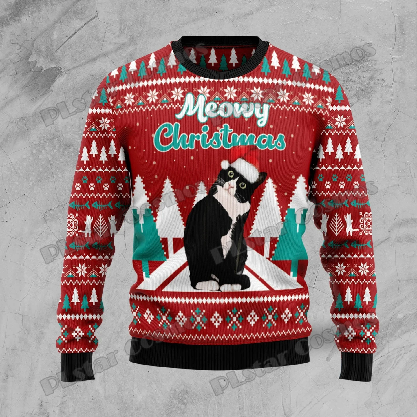 PLstar Cosmos Meowy Christmas 3D Printed Fashion Men\'s Ugly Christmas Sweater Winter Unisex Casual Knit Pullover Sweater MYY40