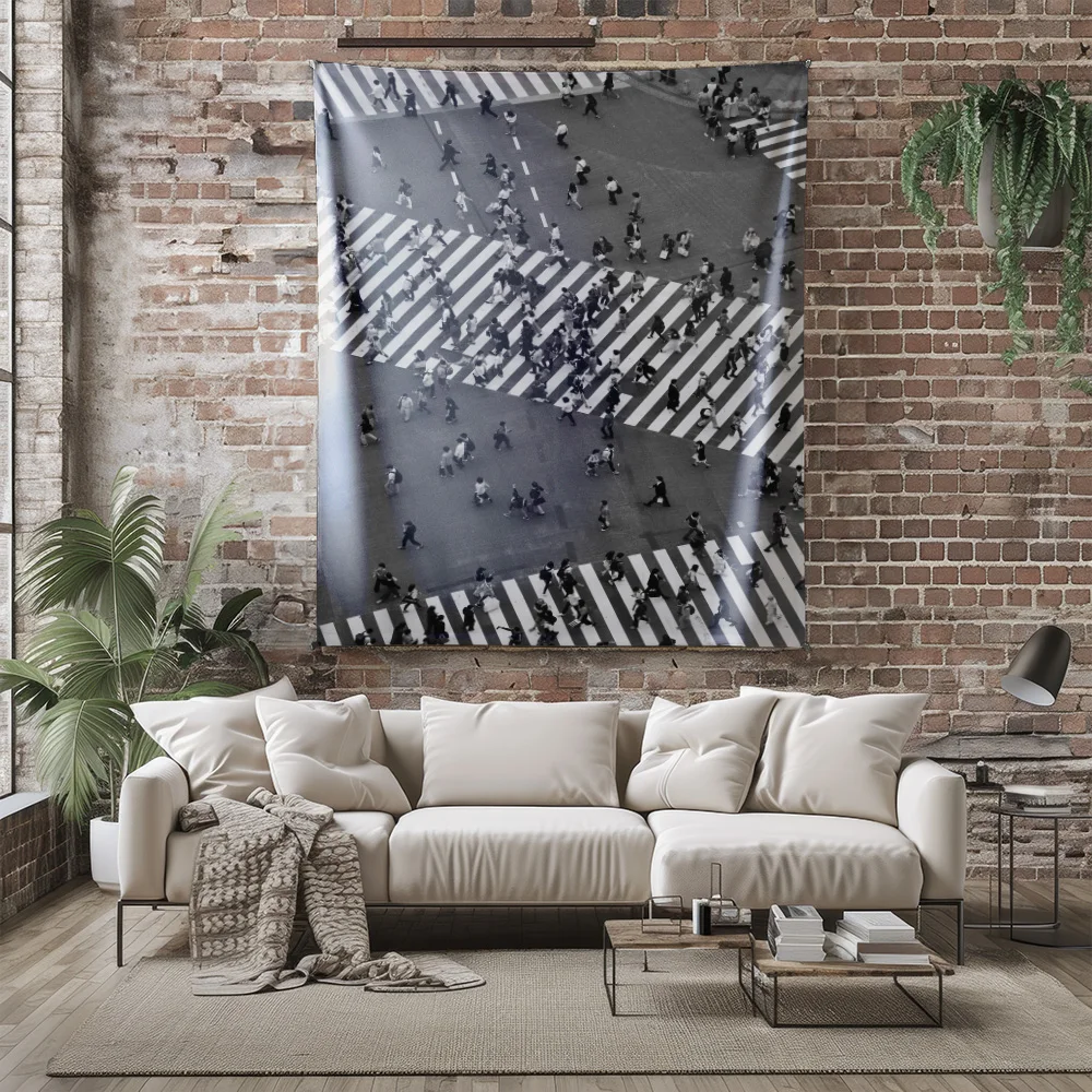 Black and White Busy City Crosswalk Crowd Aerial View Tapestry Machine Washable All Season Decor Print Home Simple Installation